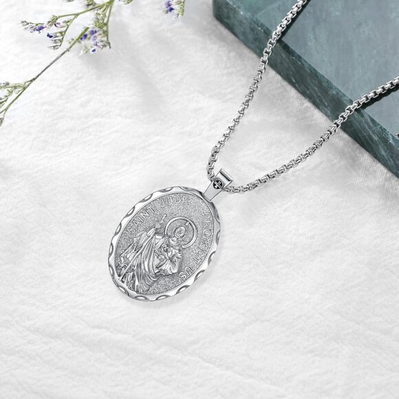 Saint Jude Medal Necklace, Silver Plated Religious Pendant - Picture 7 of 7